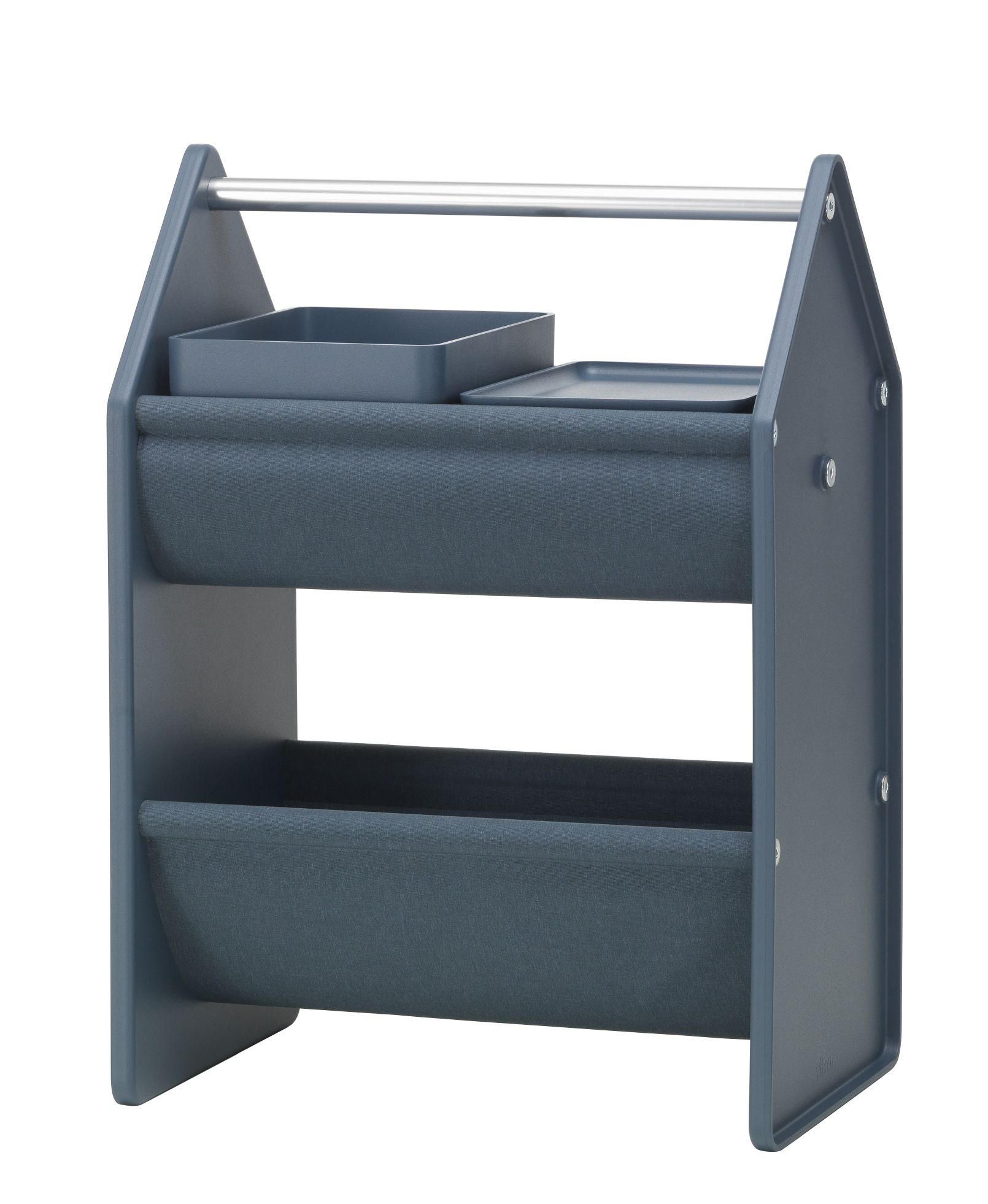 Blaue Vitra Drop Box Aufbewahrungsbox mit zwei Stoffablagen und zwei Kunststoffbehältern für Kinderzimmer.