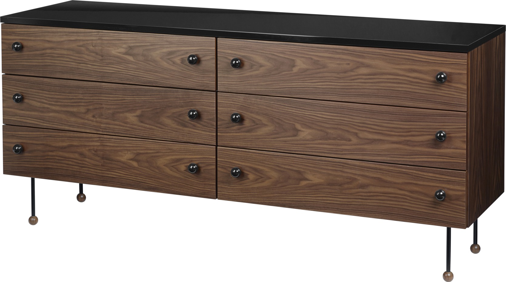 Gubi Sideboard 62 aus Holz mit sechs Schubladen und schwarzen Details.