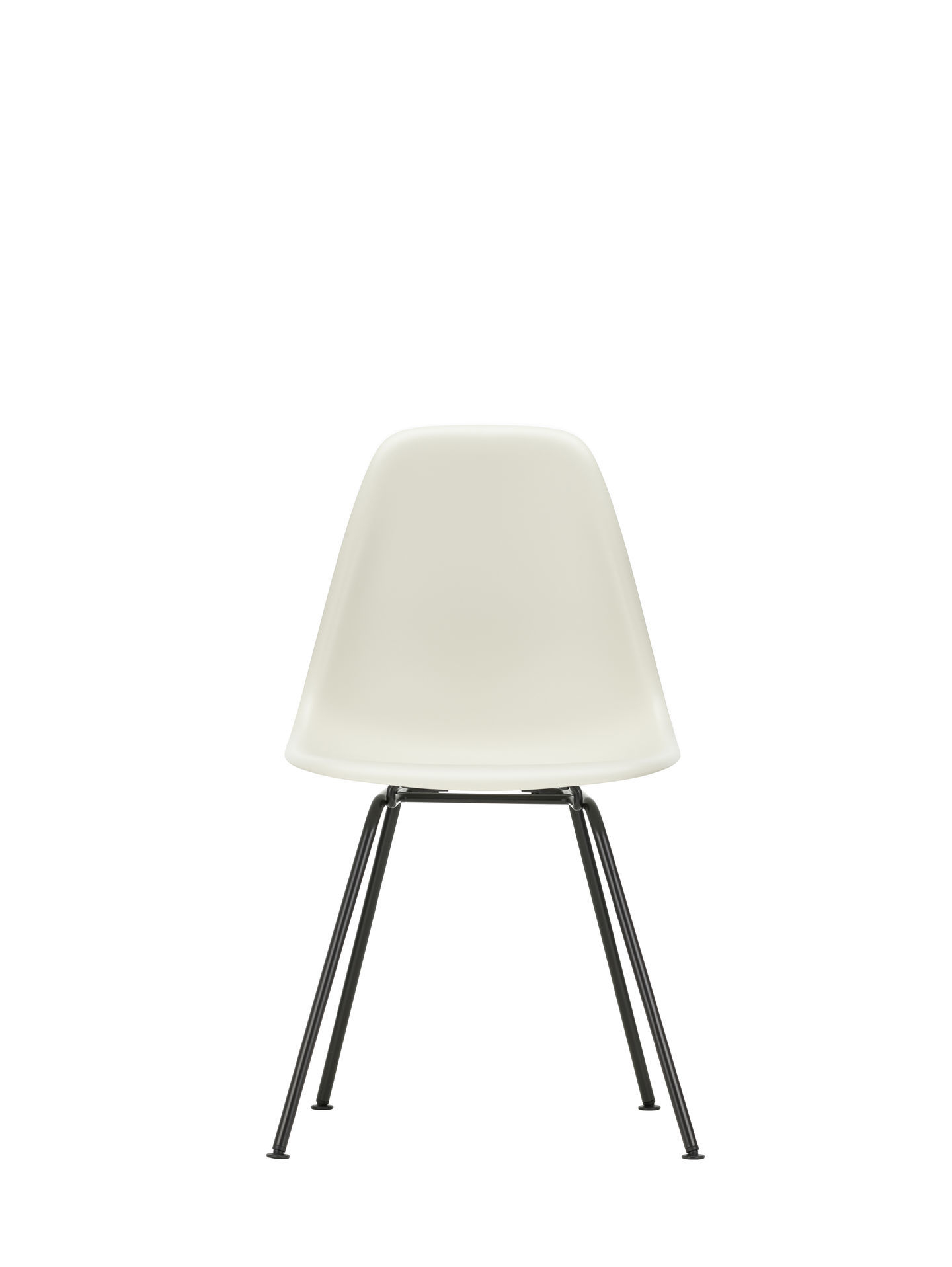 Weißer Eames Plastic Side Chair DSX Stuhl von Vitra mit Chromgestell, Ansicht von hinten.