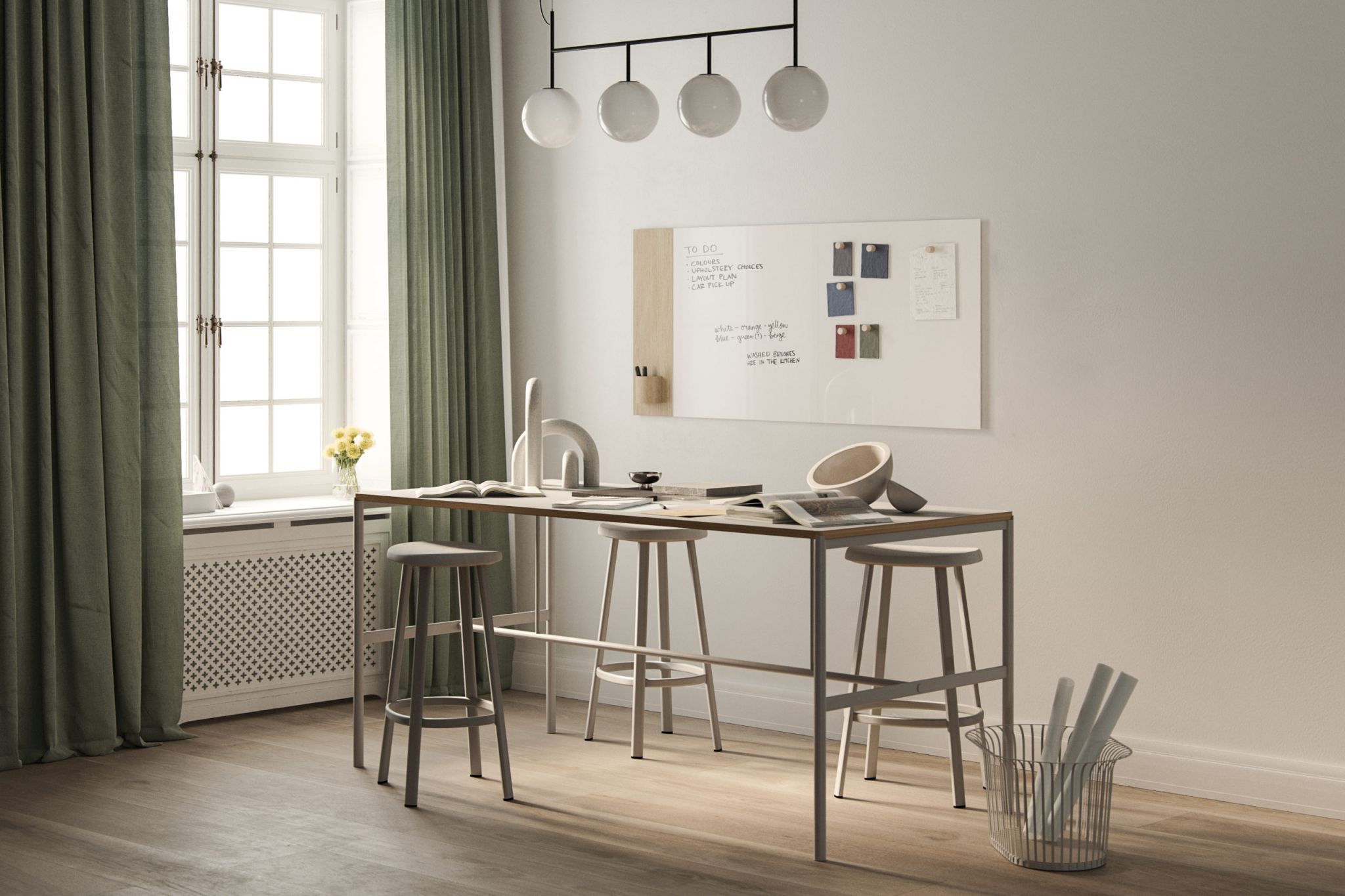 Helle Raumansicht mit Chat Board Classic Crafted Wand Glastafel, magnetisch, mit Notizen und Farbmustern.