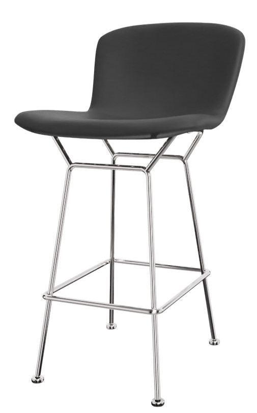 Bertoia Bar Stool: Schwarzer Barhocker mit Kernleder-Sitzfläche und verchromtem Stahlgestell. Knoll International Design.