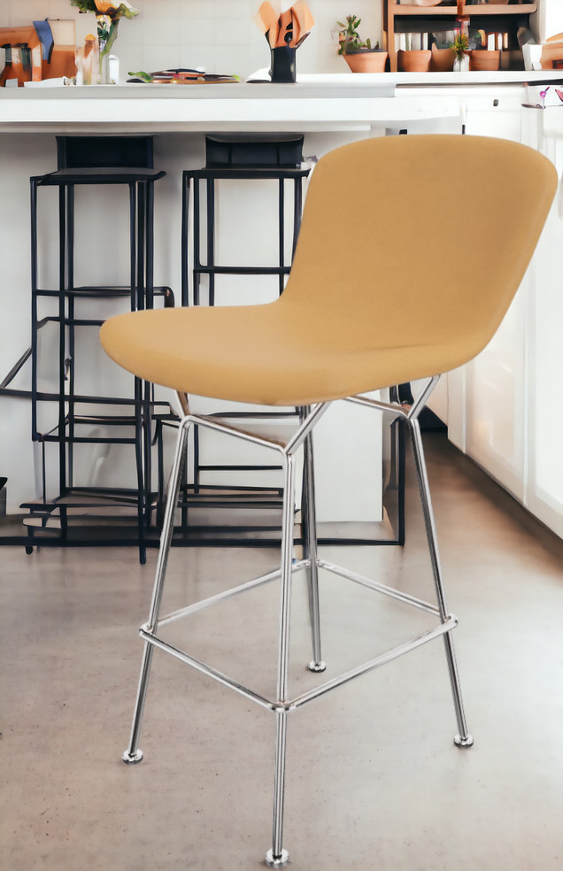 Bertoia Barhocker in Thekenhöhe von Knoll International mit Kernlederbezug und verchromtem Stahlgestell.