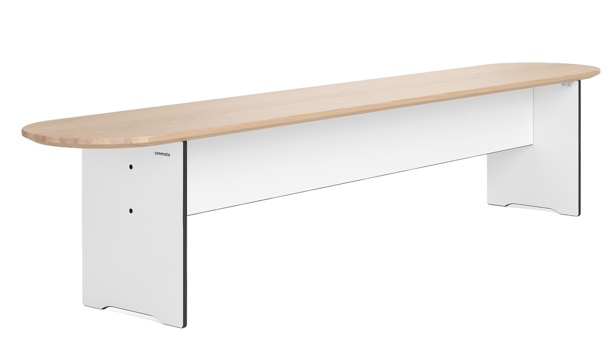 Riva Bank von Conmoto: Lange, moderne Sitzbank mit heller Holzplatte und weißen Beinen.