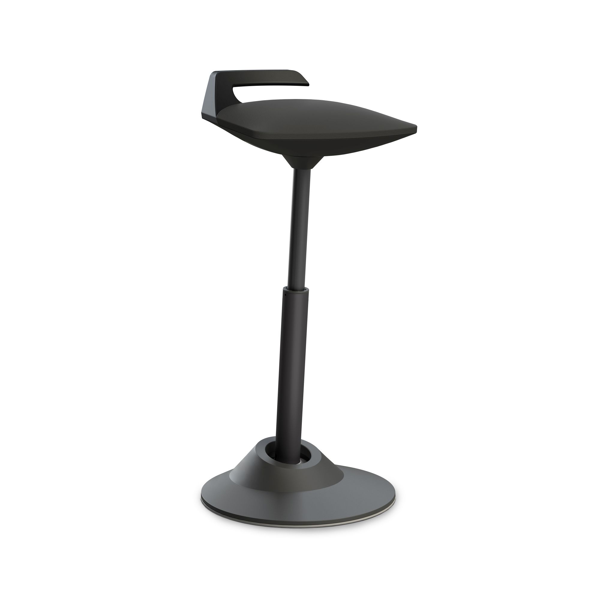 Schwarzer Stehhocker mit ergonomischem Design und verstellbarer Höhe für Büro und Homeoffice.