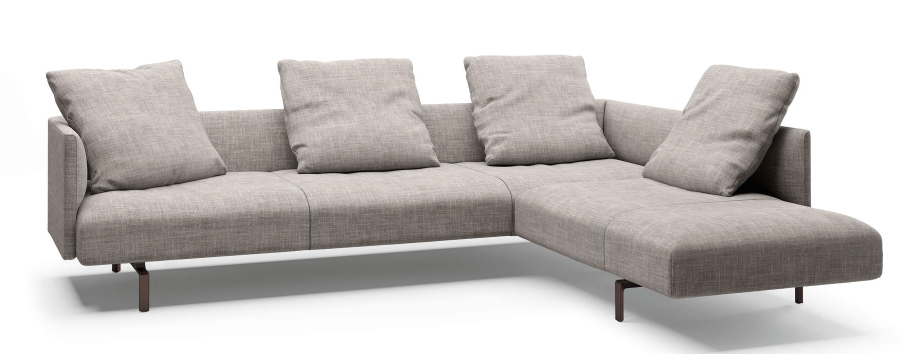 Muud Sofa von Walter Knoll, modernes Ecksofa mit hellgrauem Stoffbezug und losen Kissen.