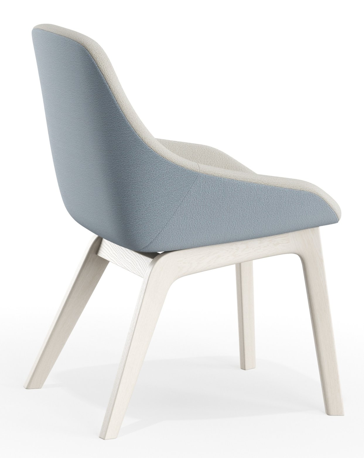 Morph Dining Chair Stuhl Zeitraum, Ansicht von hinten, mit hellblauem Stoffbezug und hellem Holzgestell.