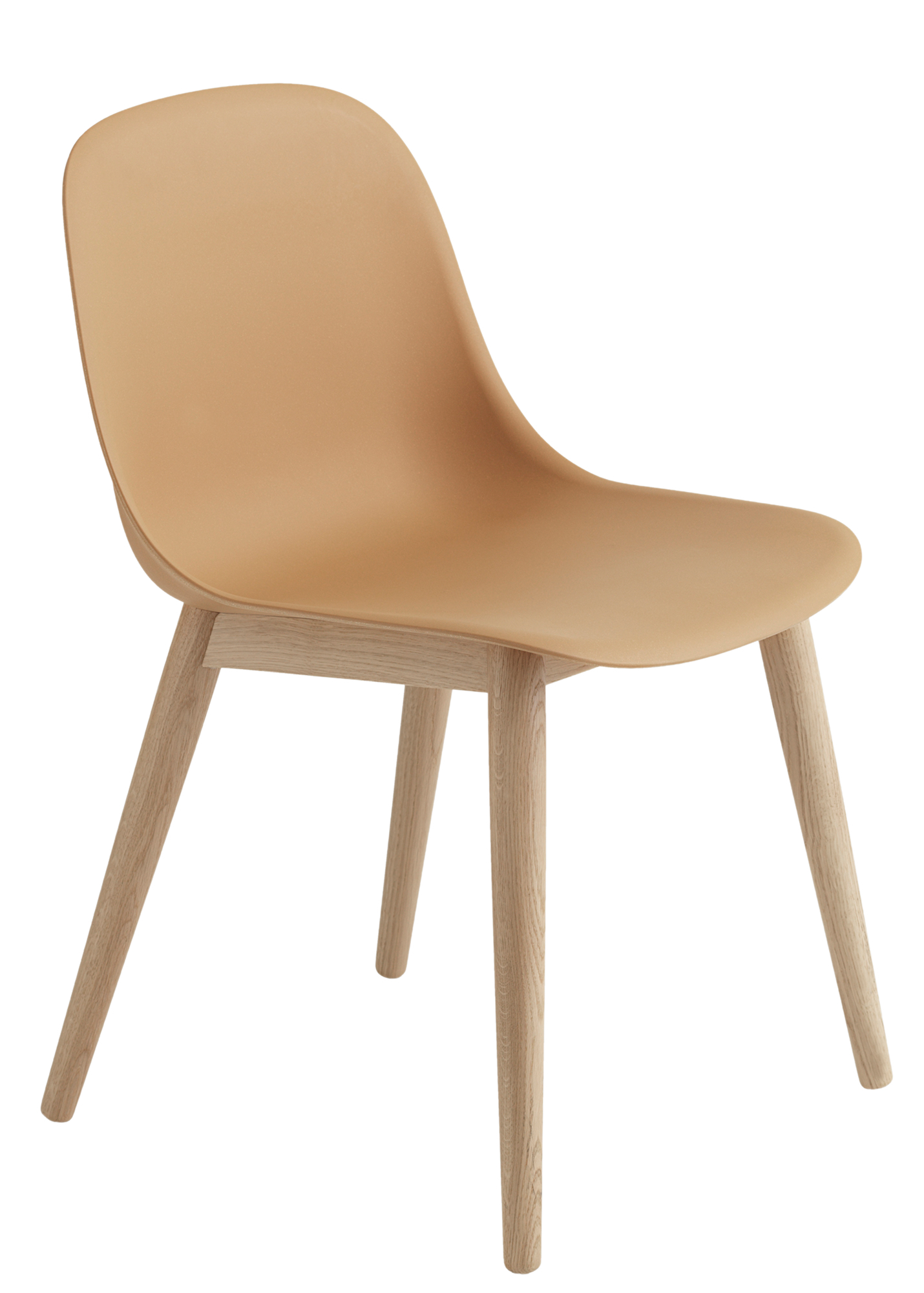 Muuto Fiber Side Chair mit Holzgestell, moderner Stuhl in Beige mit vier Holzbeinen.