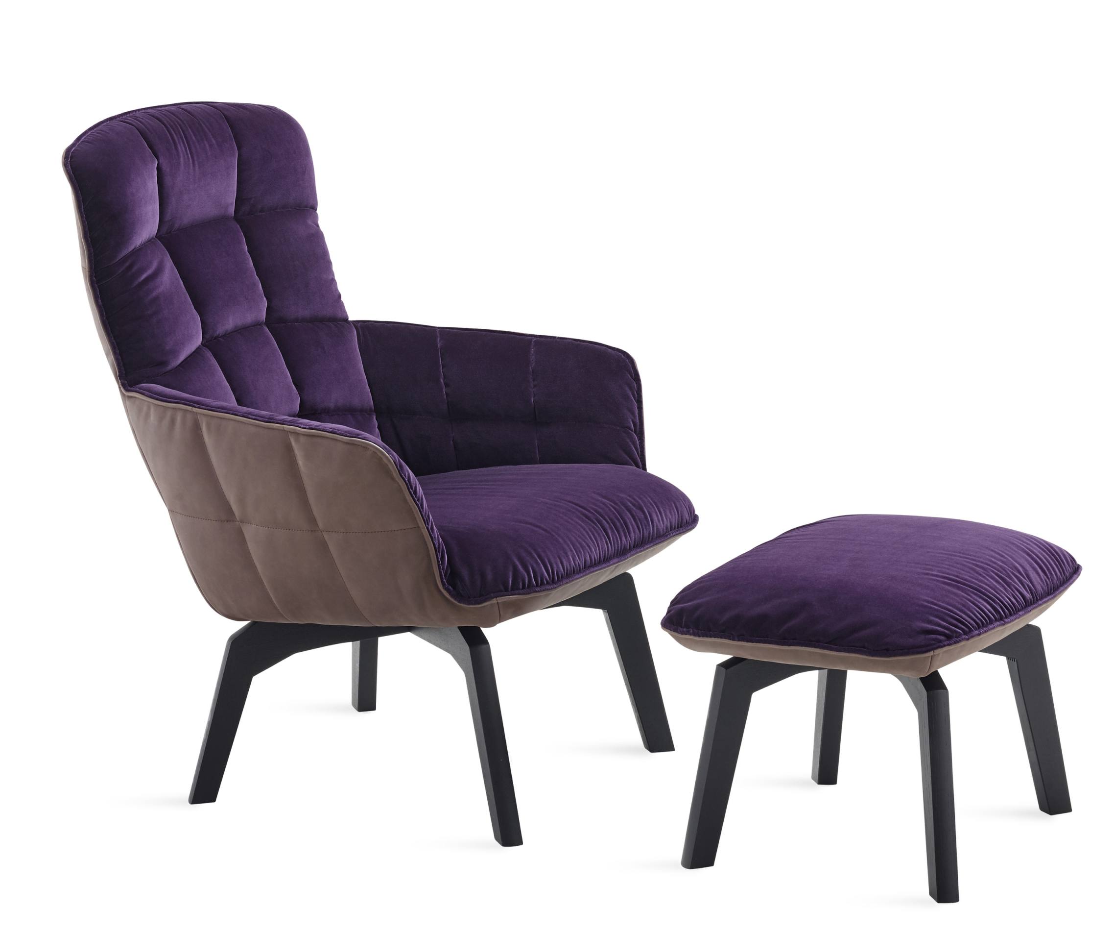 Marla Sessel mit Hocker von Freifrau Manufaktur, lila Samt und braunem Leder, bequemer Relaxsessel.