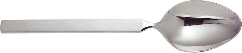 Nahaufnahme eines Löffels aus der Alessi Dry Besteckgarnitur, Edelstahl, modernes Design.