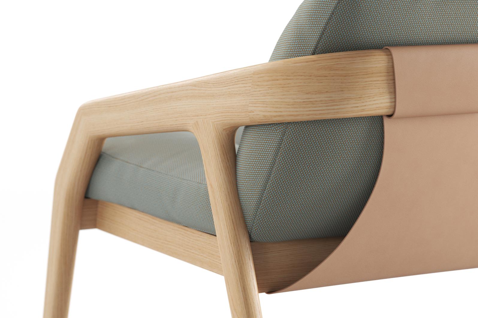 Detailaufnahme vom Friday 2 Sofa: Holzrahmen, hellblaues Polster und Lederakzente für modernes Wohnzimmerdesign.