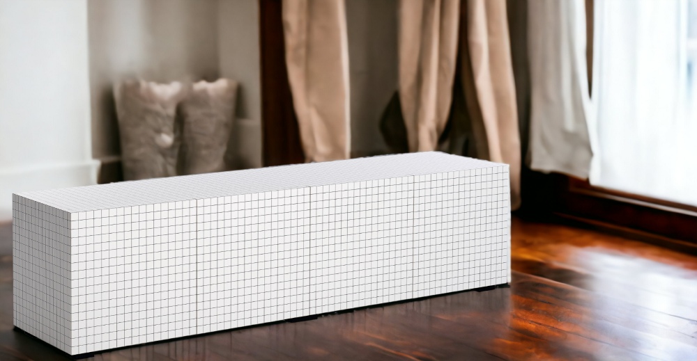 Modernes 756 Quaderna Sideboard von Zanotta mit weißem, quadratischem Gittermuster im Wohnzimmer.