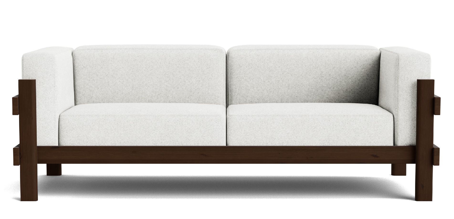 Kube Sofa von Normann Copenhagen, modernes 2-Sitzer Sofa mit hellgrauem Stoffbezug und dunklem Holzrahmen.