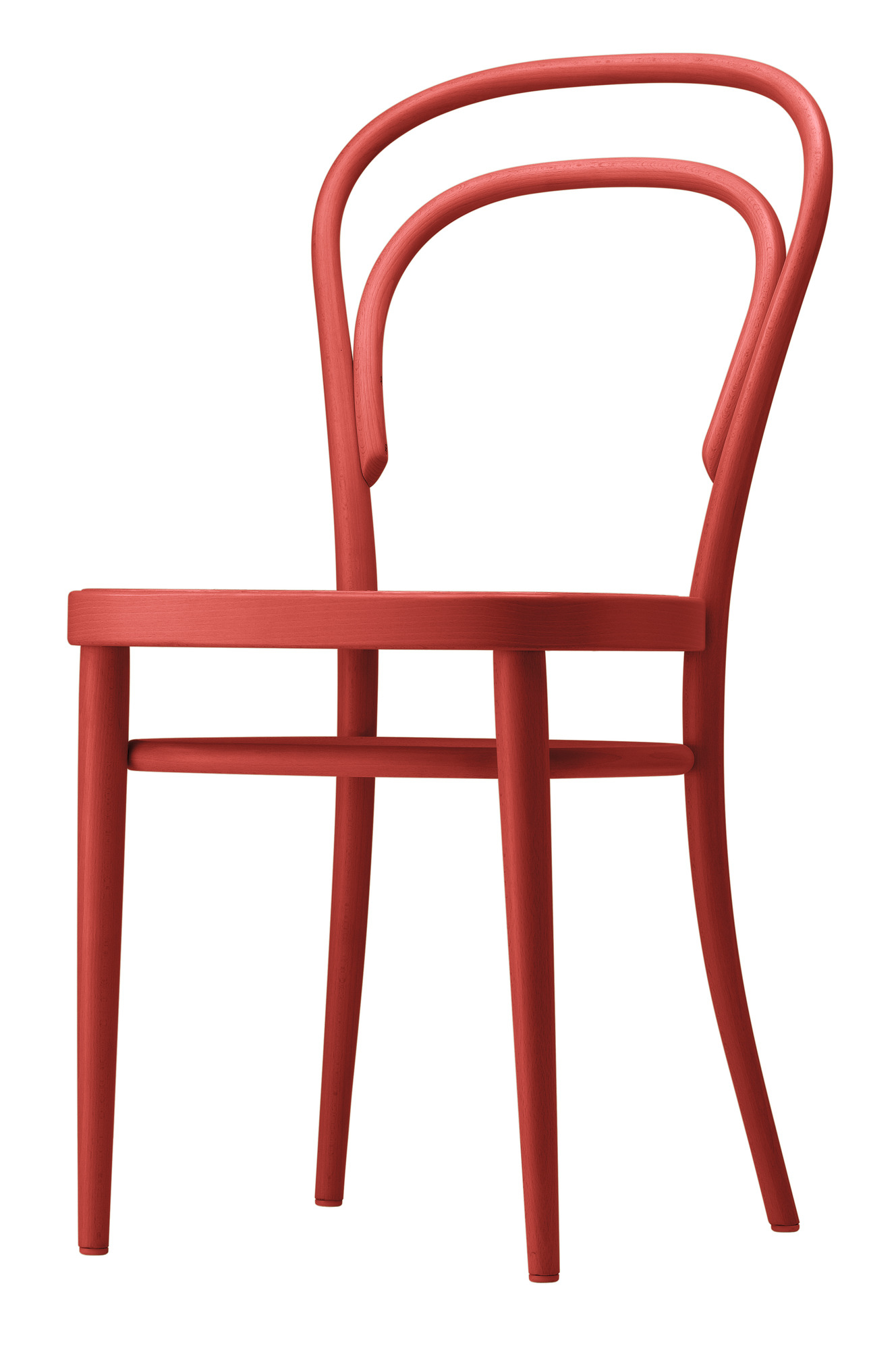 Roter 214 Bugholzstuhl im Thonet-Stil, klassischer Kaffeehausstuhl aus gebogenem Holz, Seitenansicht.