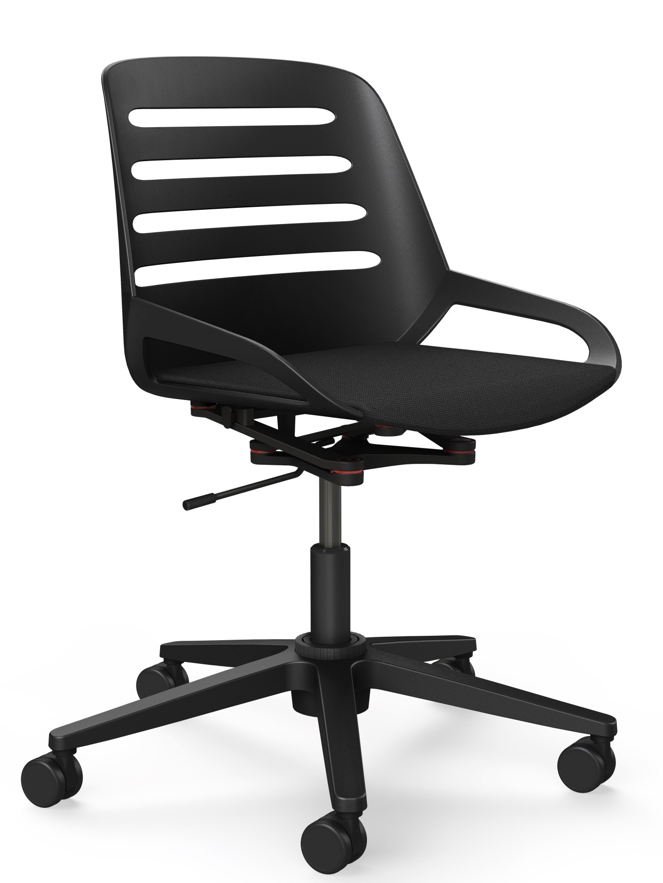 Schwarzer Numo Task Bürodrehstuhl von Aeris mit Säule, Rollen und atmungsaktiver Sitzfläche für ergonomisches Sitzen.
