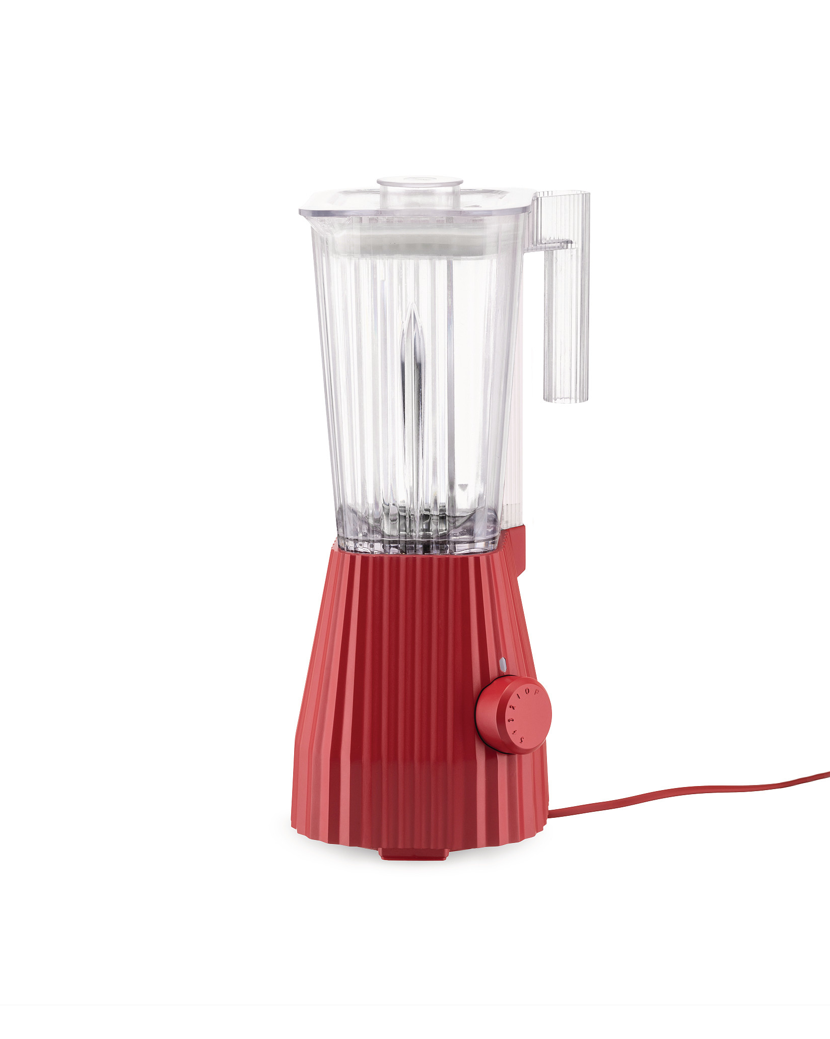 Roter Alessi Plissé Mixer mit geriffeltem Design und transparentem Behälter, Küchengerät für Smoothies.