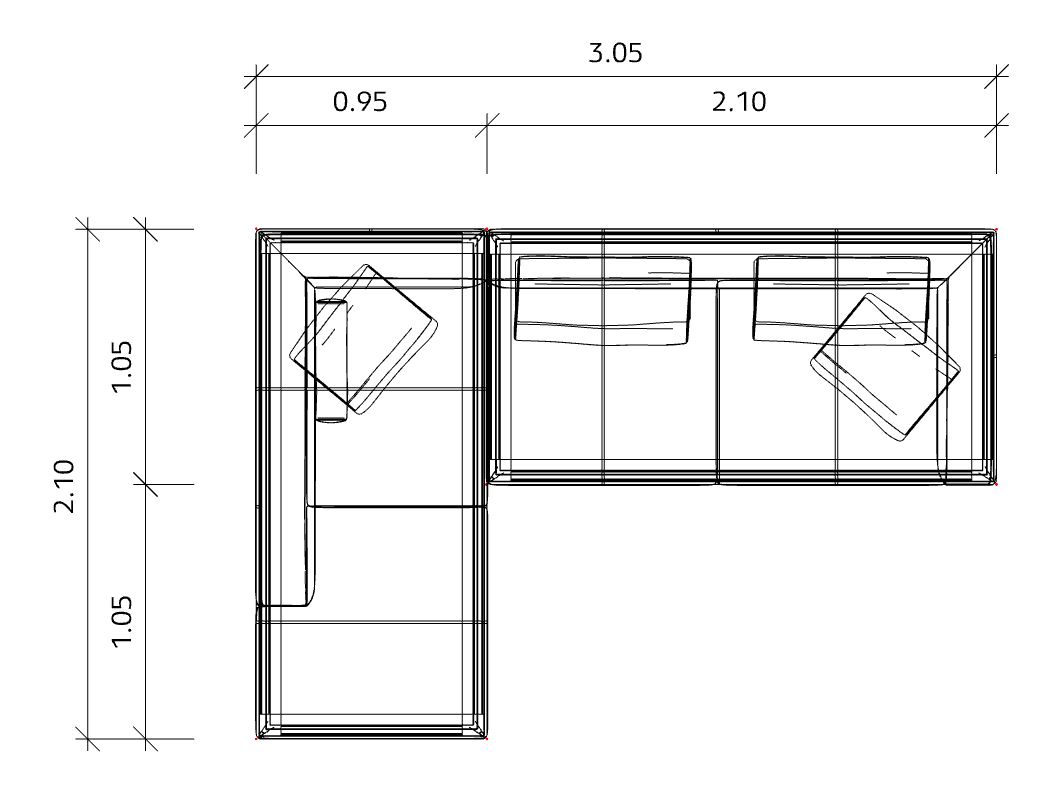 Grundrisszeichnung des Jaan Living 3-Sitzer Sofas mit Maßen und Kissenanordnung.