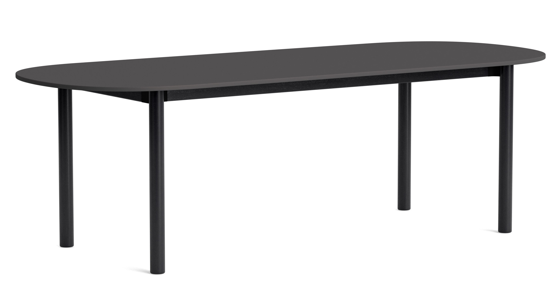 Annex Table von Hay, ovaler Esstisch in Dunkelgrau mit schlanken, schwarzen Metallbeinen, Studioaufnahme.