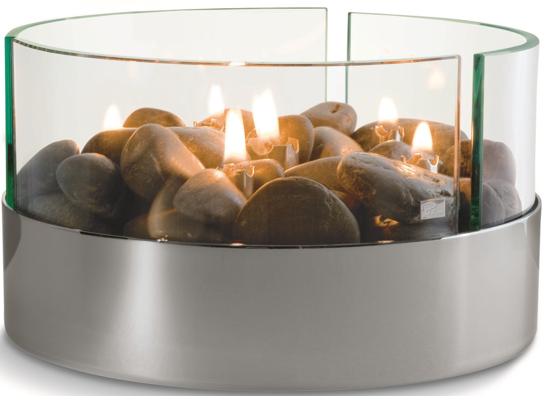 Philippi Burn Tischkamin mit Steinen und Flammen hinter Glas, moderner Deko Kamin.