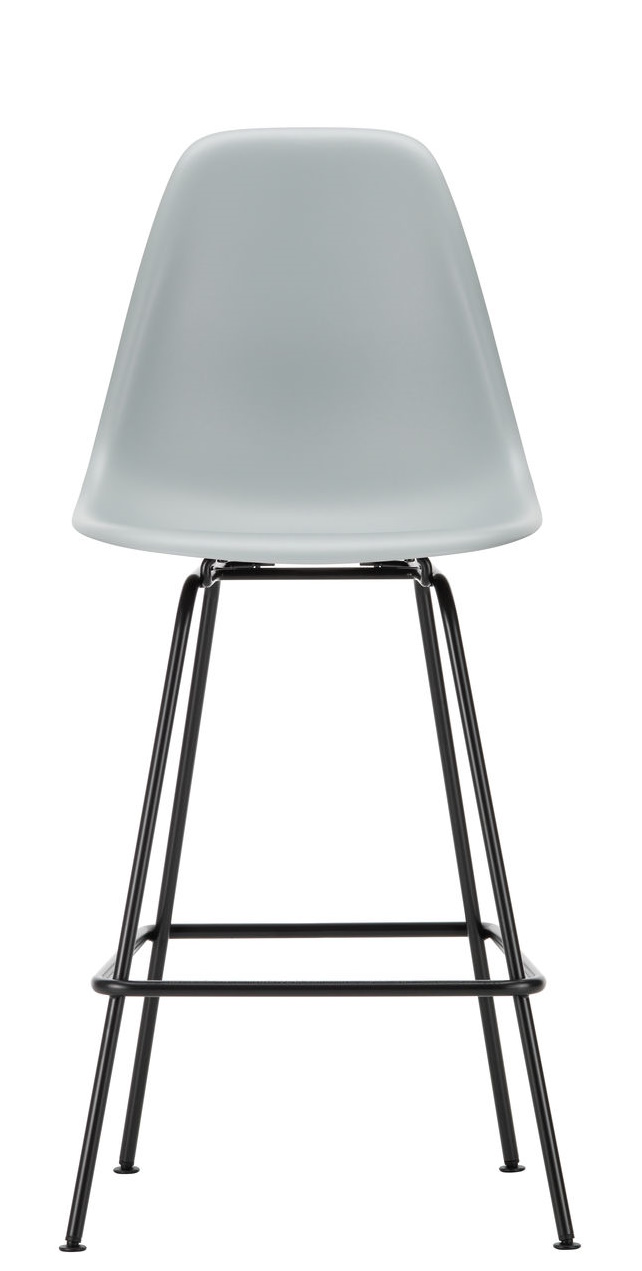 Vitra Eames Barhocker Medium, hellgraue Sitzschale mit schwarzem Metallgestell, modernes Design für Küche und Bar.