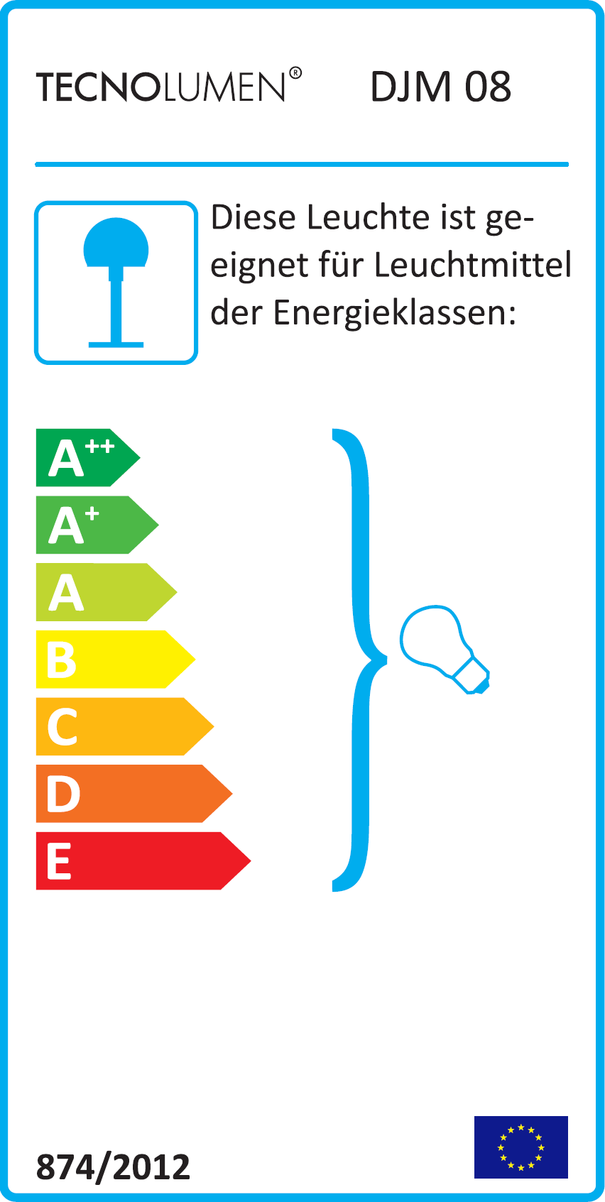 Tecnolumen DJM 08 Energielabel: Energieeffizienzklassen von A++ bis E für Leuchtmittel.