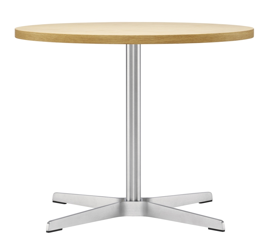 1809 Thonet Beistelltisch mit runder, heller Holzplatte und silberfarbenem Metallfuß. Moderner Tisch für Wohnzimmer.
