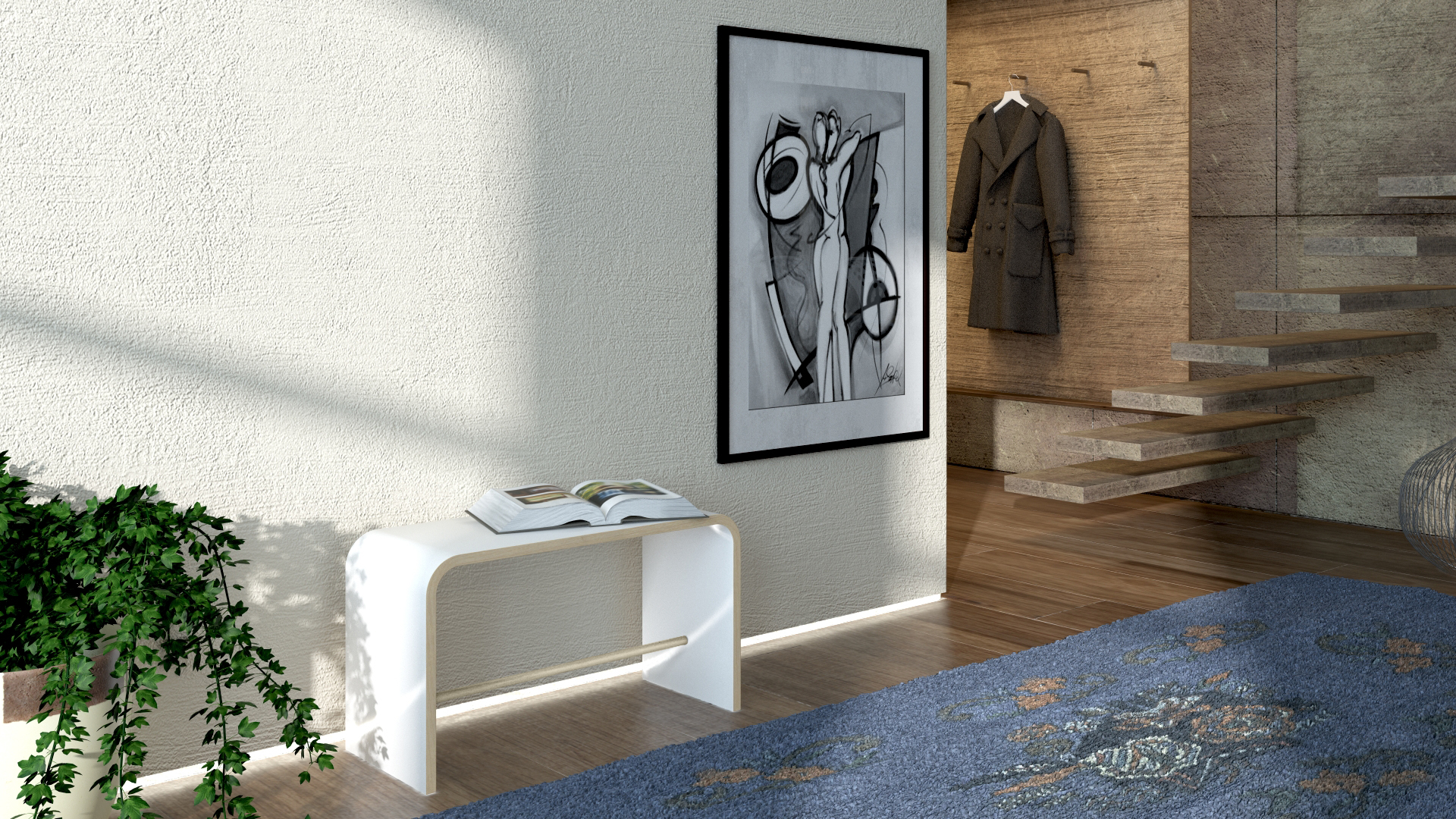Weißer Sit Hocker Tojo im Flur mit Buch, Pflanze, Teppich und Treppe im Hintergrund.