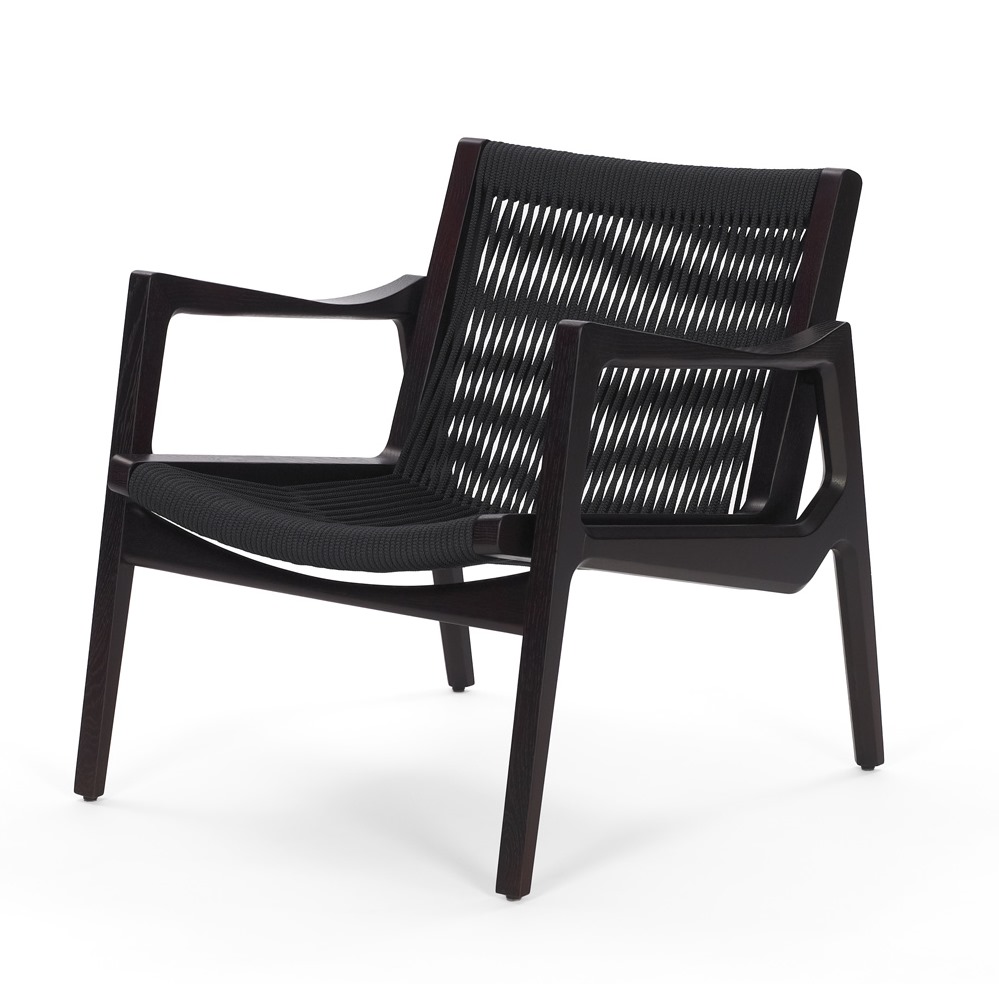 Euvira Lounge Chair von ClassiCon: Sessel mit dunklem Holzrahmen und schwarzer Seilbespannung.