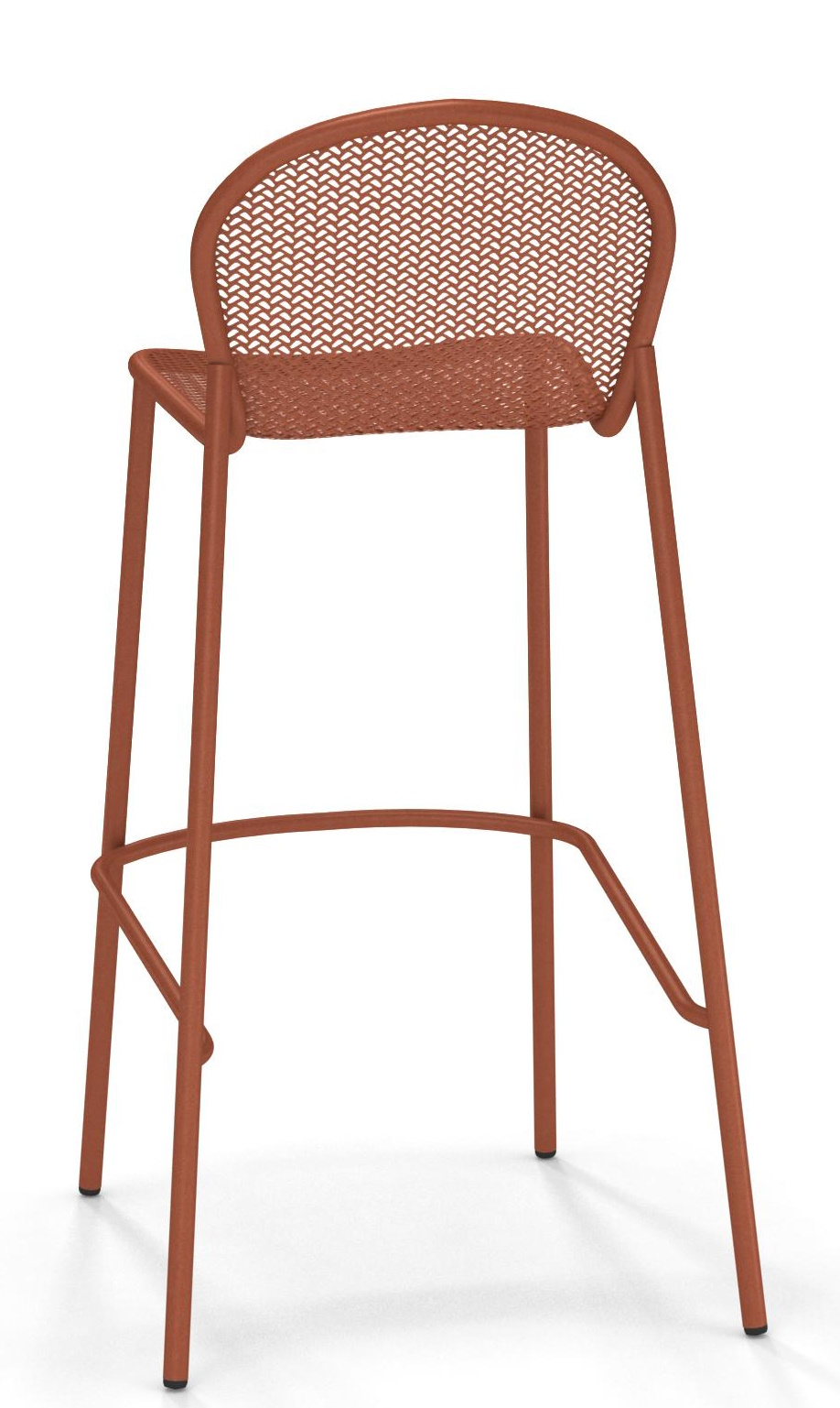 Ronda X Barstool von Emu, Barhocker aus terrakottafarbenem Stahl mit Fußstütze und geflochtener Sitzfläche.