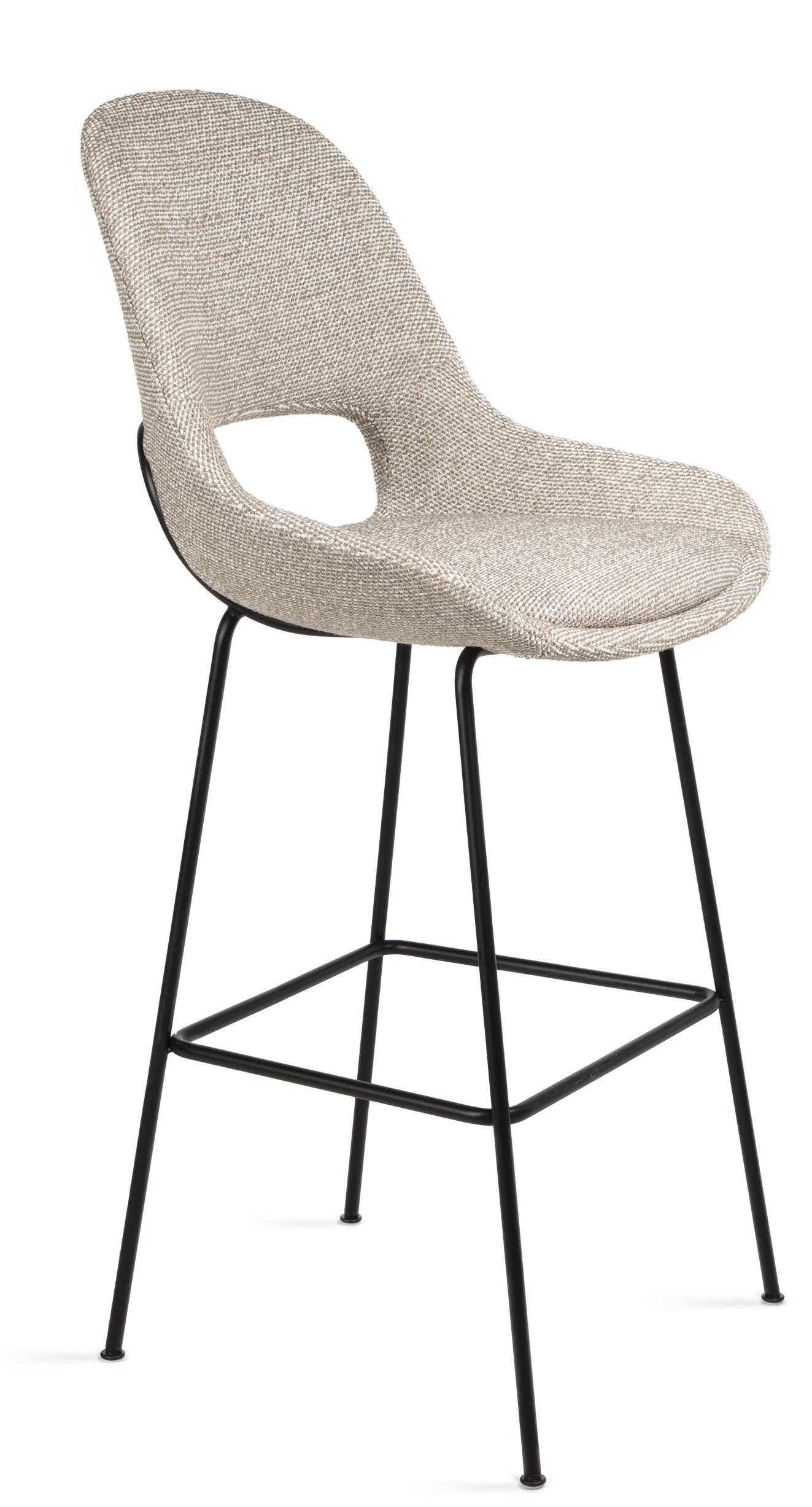 Theia Barhocker von Freifrau Manufaktur mit beigem Stoffbezug und schwarzem Metallgestell.