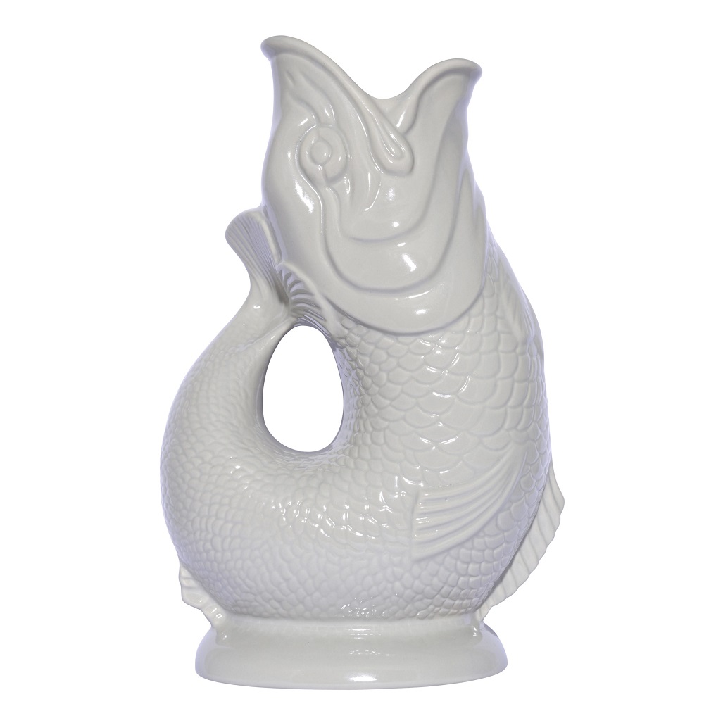 Weiße Gluckigluck Fischkaraffe / Vase XL Oyster, Keramik, modernes Design.