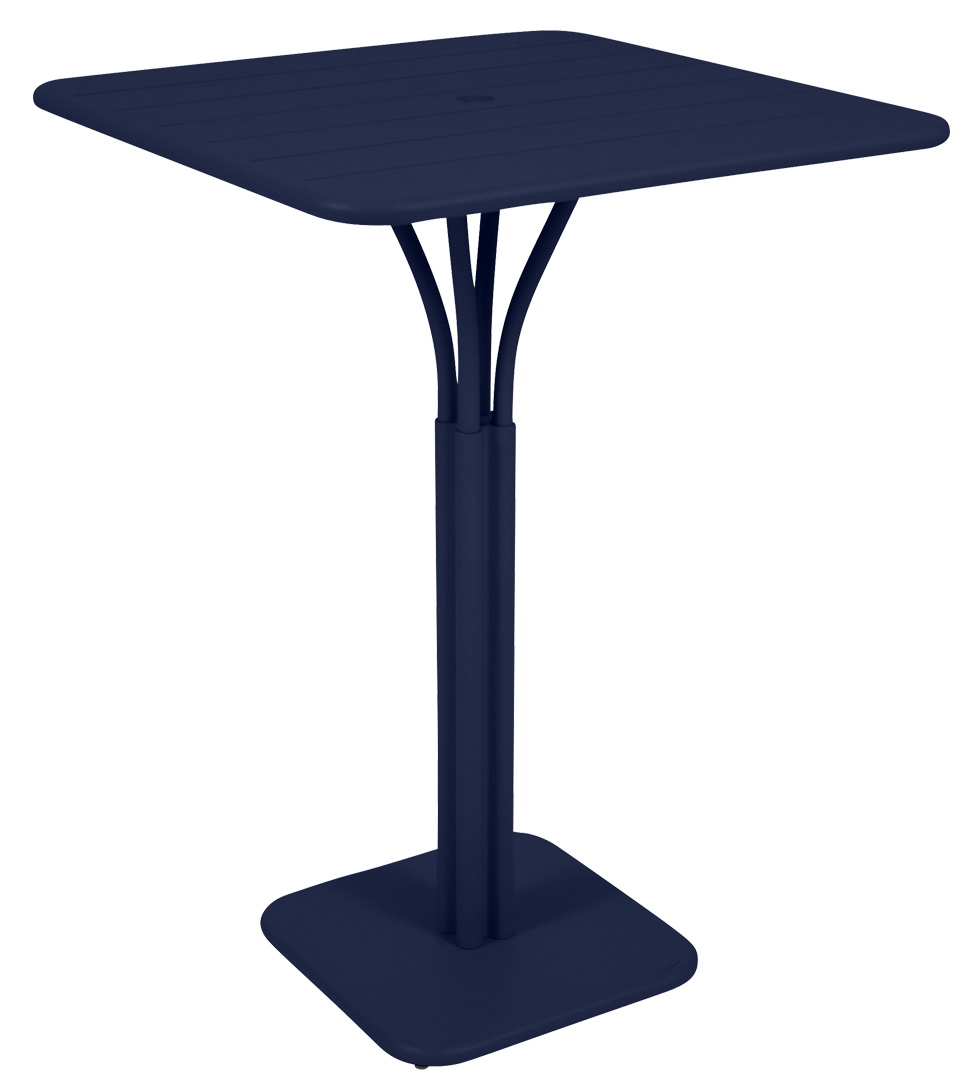Blauer Luxembourg Stehtisch/Bartisch von Fermob, quadratisch, 80x80 cm, für den Außenbereich.