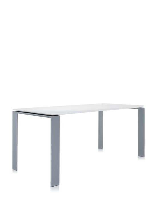 Weißer Kartell Four Tisch mit grauem Metallgestell, moderner Esstisch für Wohnzimmer und Küche.