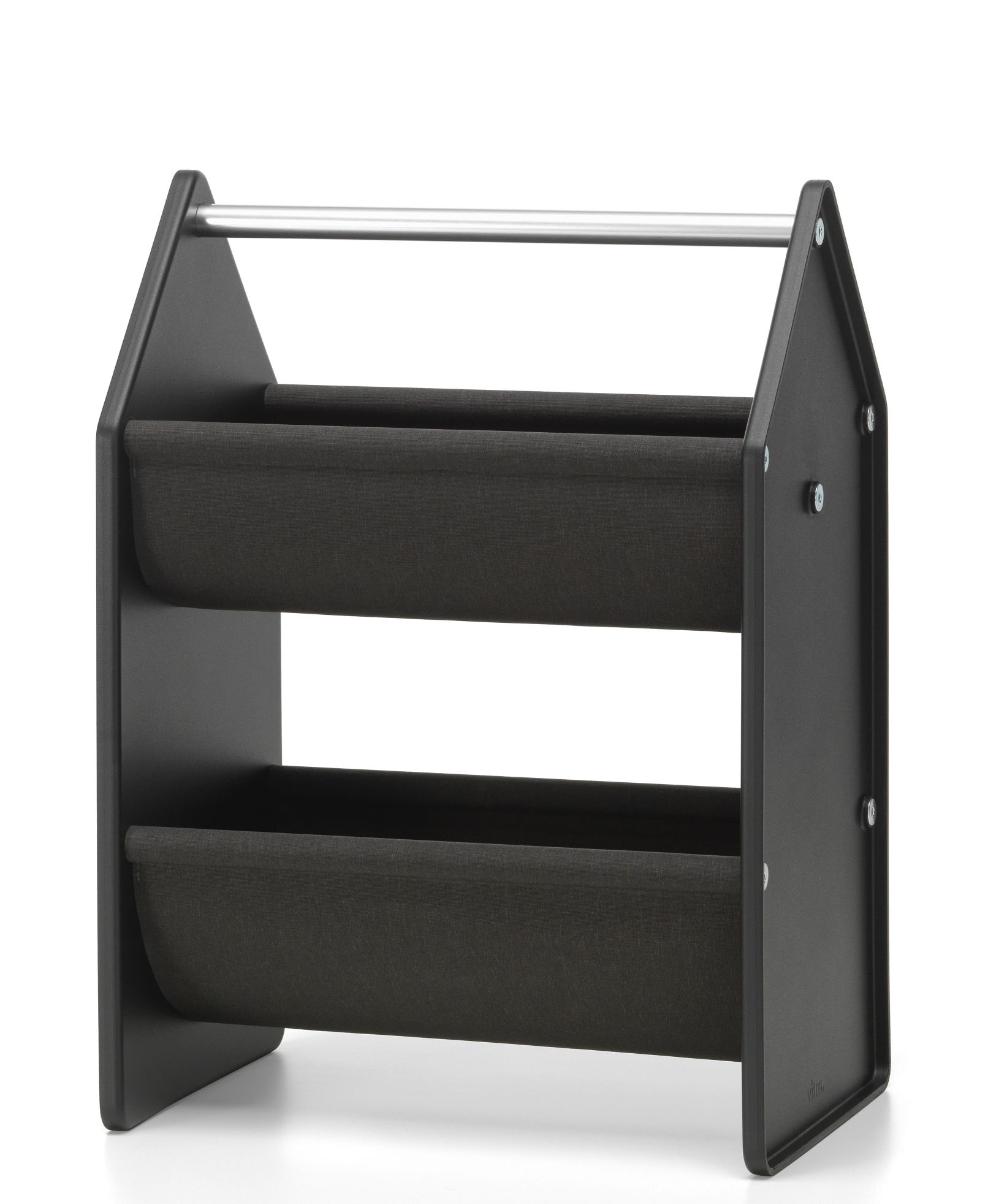 Vitra Drop Box Aufbewahrungsbox in Schwarz mit zwei Stofffächern und silberner Stange.