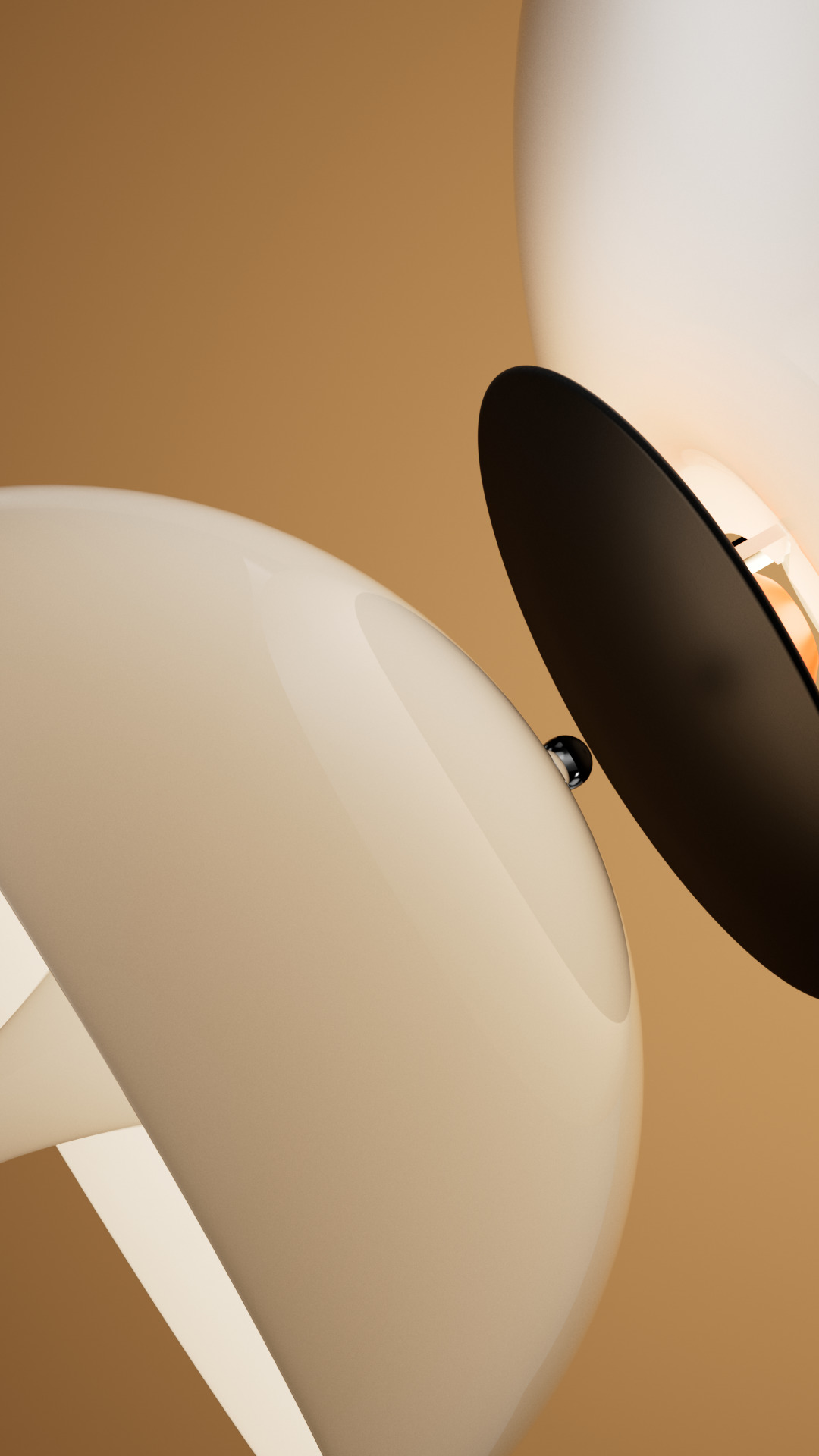Detailaufnahme einer modernen, weißen Tischleuchte mit schwarzem Schirm vor beigem Hintergrund. Design Lampe für Wohnzimmer.