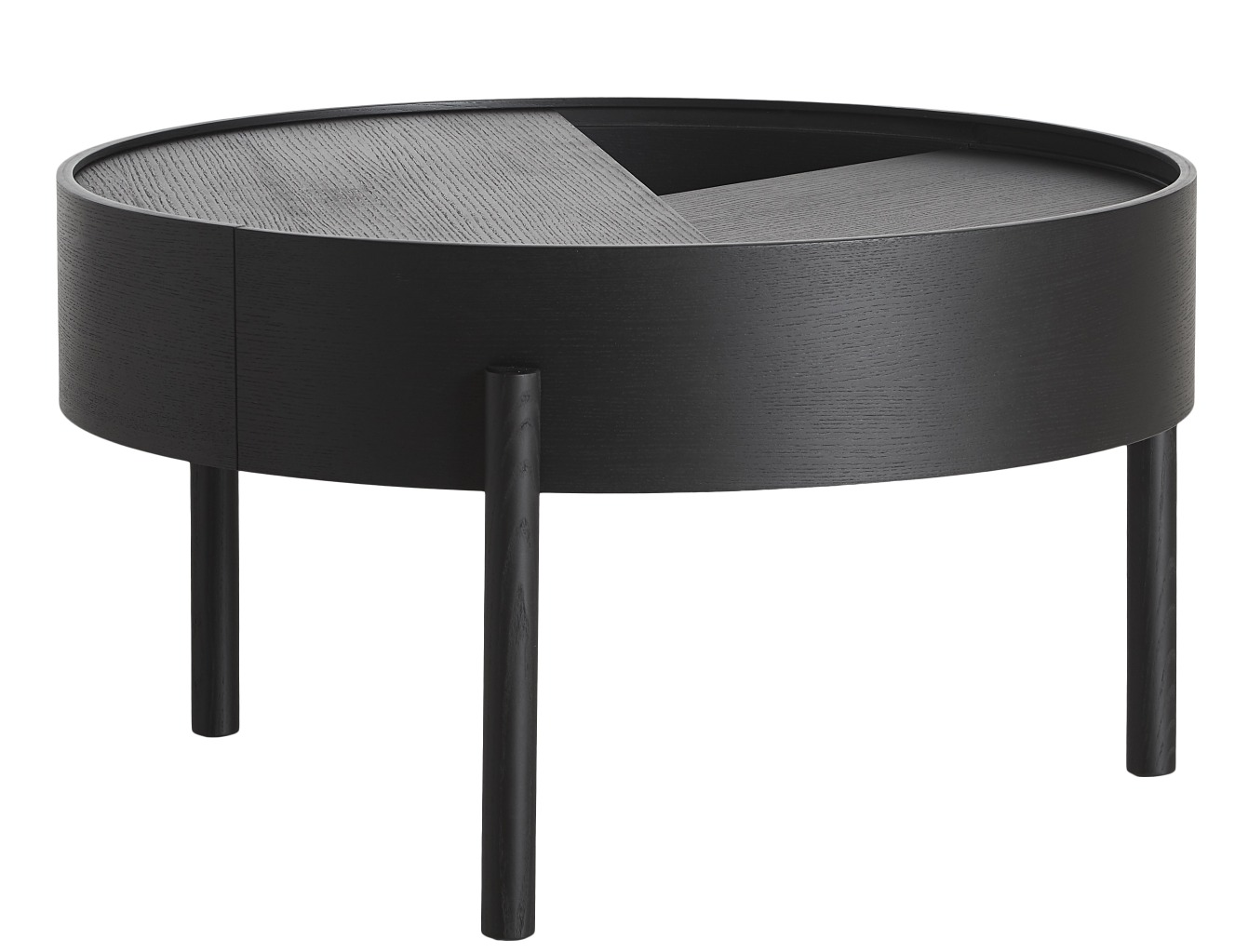 Schwarzer Arc Couchtisch von Woud, runder Beistelltisch aus Holz mit drei Beinen.