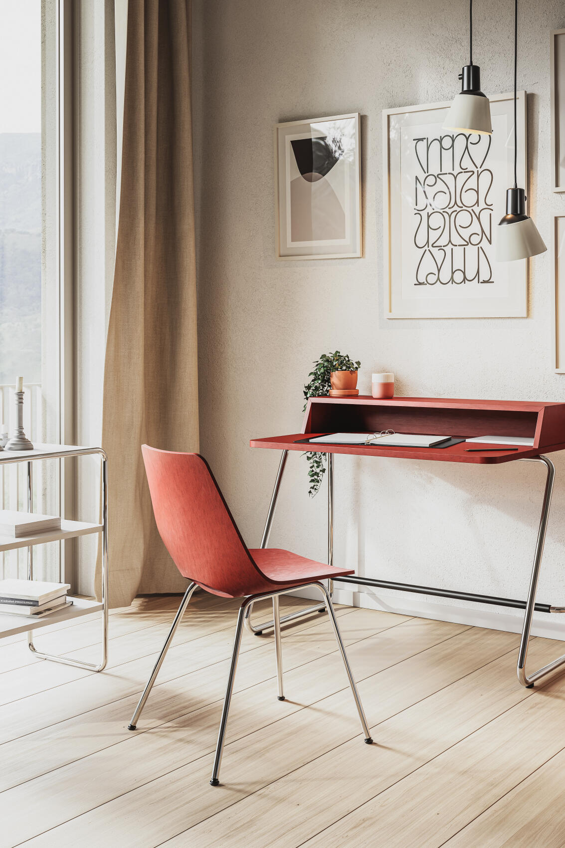 Roter S 661 Stahlrohrstuhl von Thonet am Schreibtisch in einem hellen Arbeitszimmer.