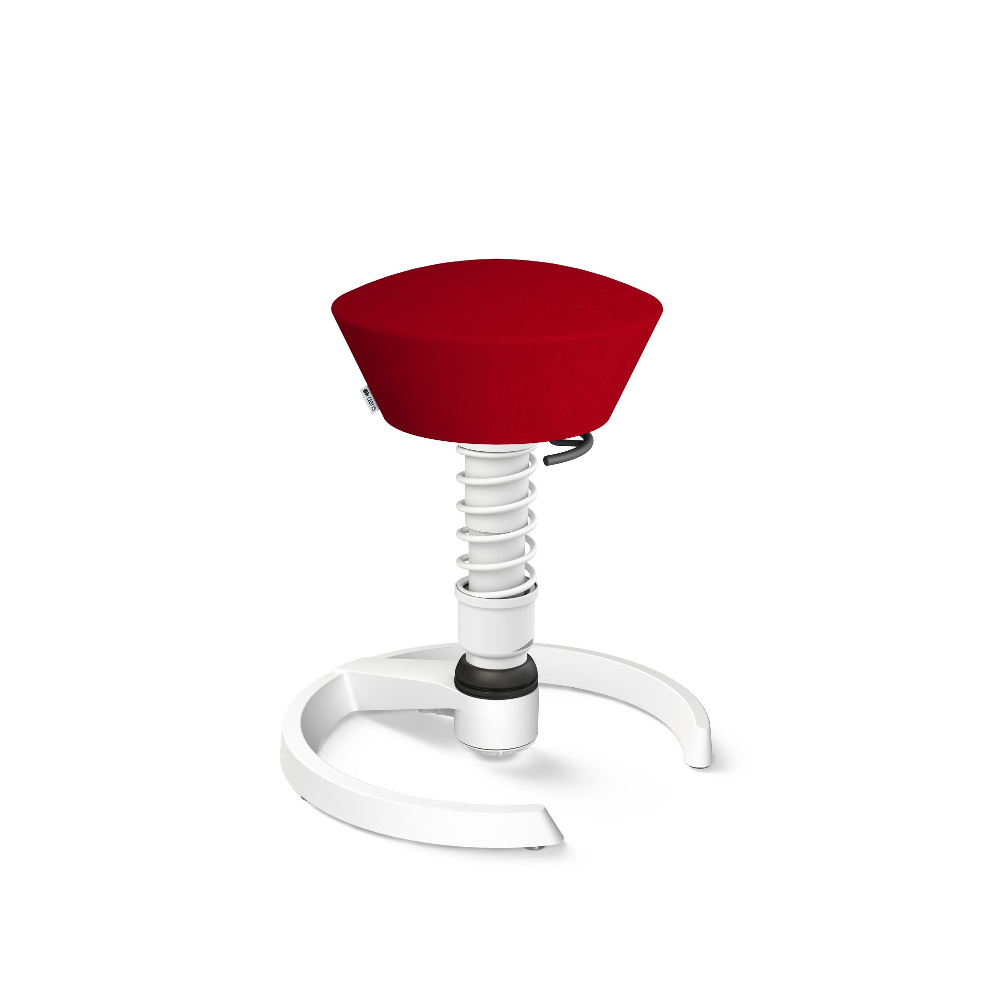 Aeris Swopper Aktiv-Hocker in Rot mit weißem Fußkreuz und Federbein, ergonomischer Bürostuhl.