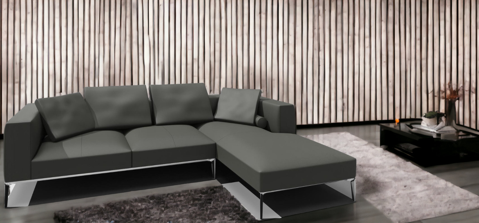 Jaan Living Sofa: Graues 3-Sitzer Ledersofa mit Kissen und Chromgestell. Modernes Wohnzimmerdesign.