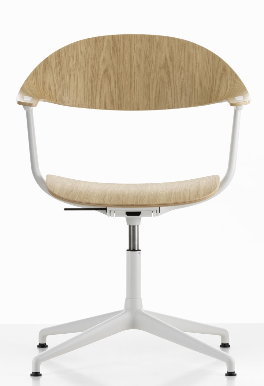 Mynt Bürodrehstuhl von Vitra mit hellem Holzfurnier, weißem Gestell und ergonomischem Design.