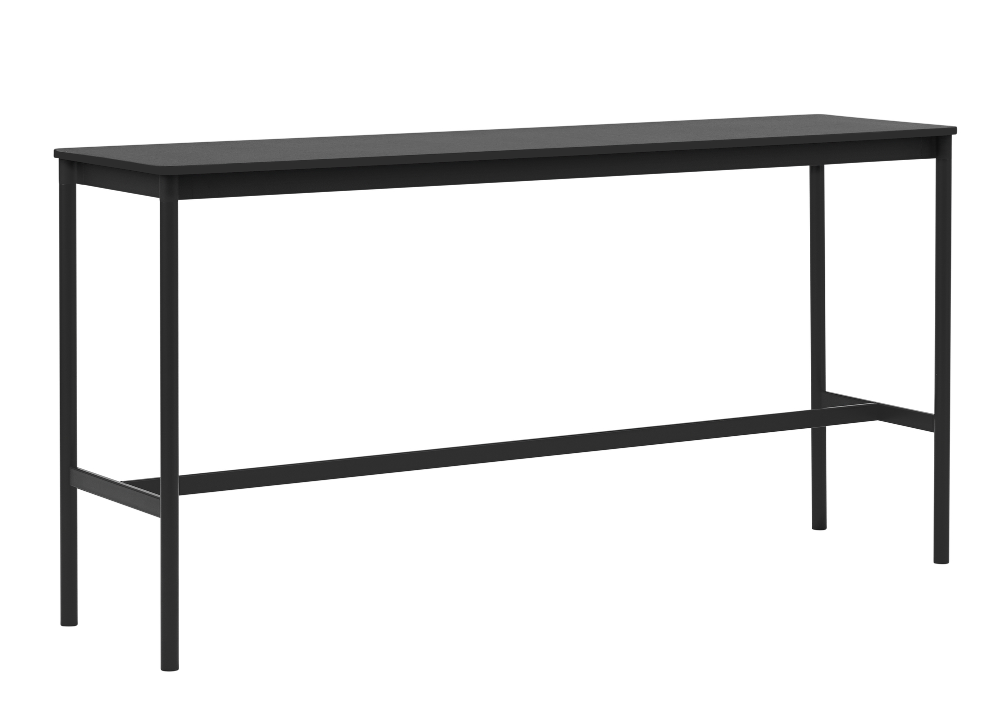 Schwarzer Base High Table Stehtisch von Muuto mit minimalistischem Design und Fußstütze für moderne Büros.