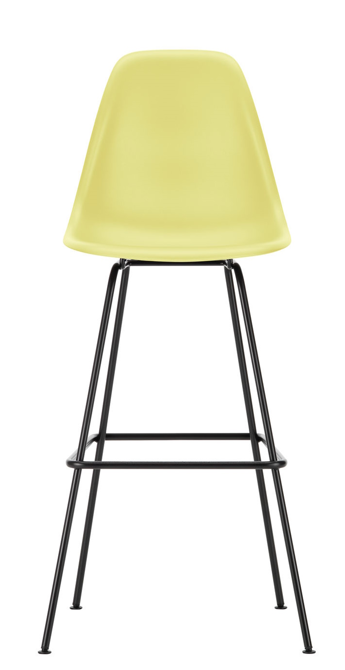 Vitra Eames Barhocker in Gelb mit schwarzem Metallgestell für die moderne Küche oder Bar.