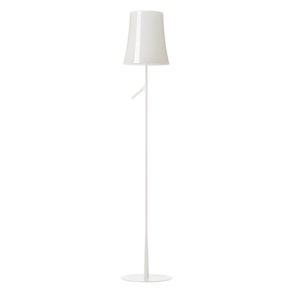 Weiße Birdie Stehleuchte von Foscarini mit Schirm und On-Off-Schaltung, ohne Leuchtmittel.