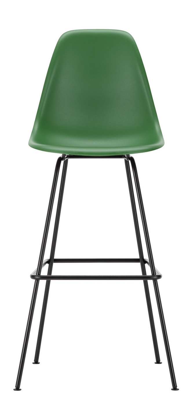 Vitra Eames Plastic Bar Stool in Grün mit schwarzem Metallgestell, moderner Hocker für die Bar.