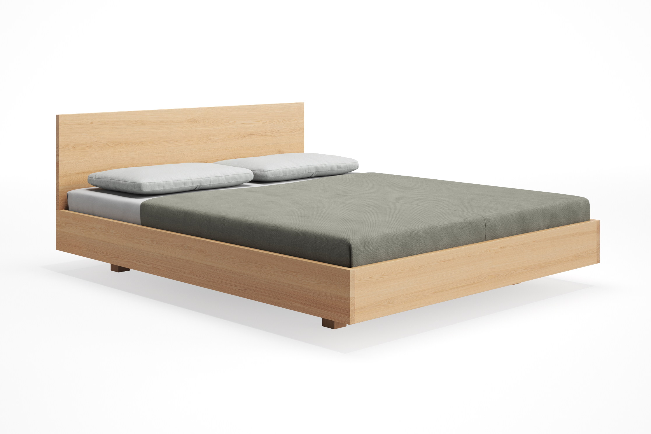 Simple HI Holzbett mit hellem Holzrahmen, grauer Bettwäsche und weißen Kissen.