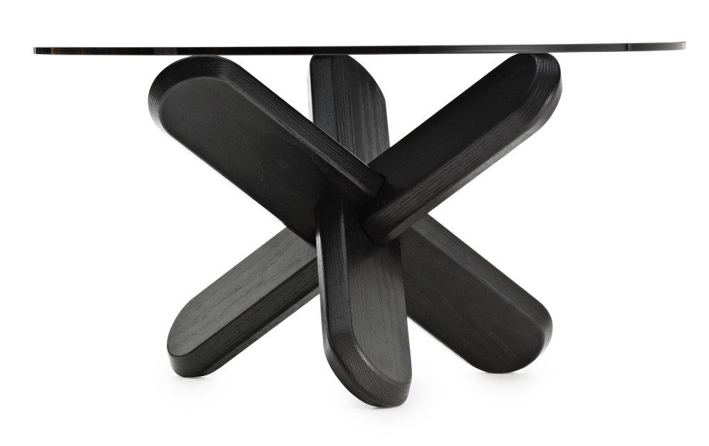 Normann Copenhagen Ding Table Tisch mit schwarzem Holzfuß und runder Glasplatte, modernes Design.