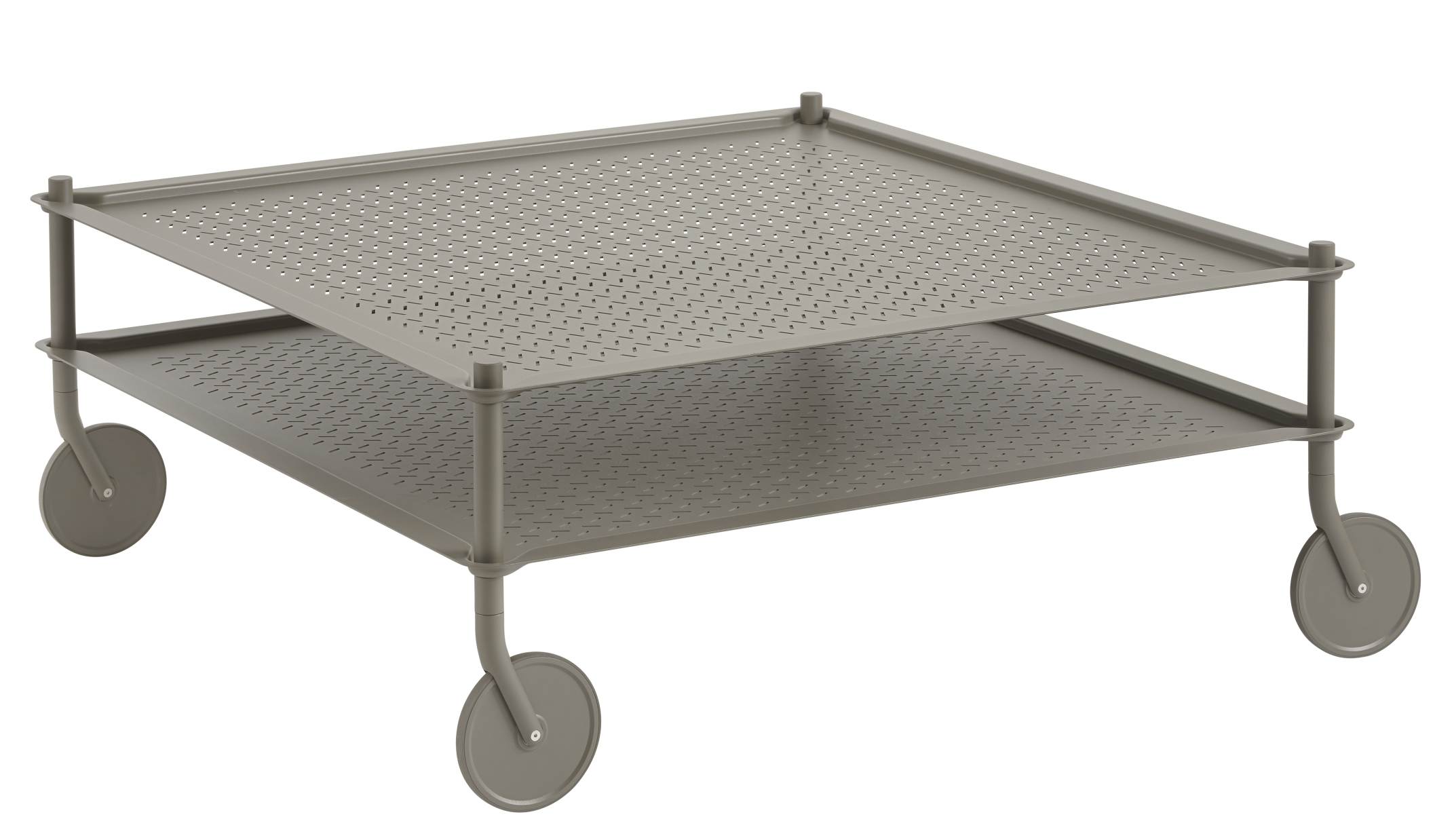 Muuto Flow Coffee Table: Grauer Couchtisch mit Rollen, perforierter Tischplatte, für Innen- und Außenbereich.