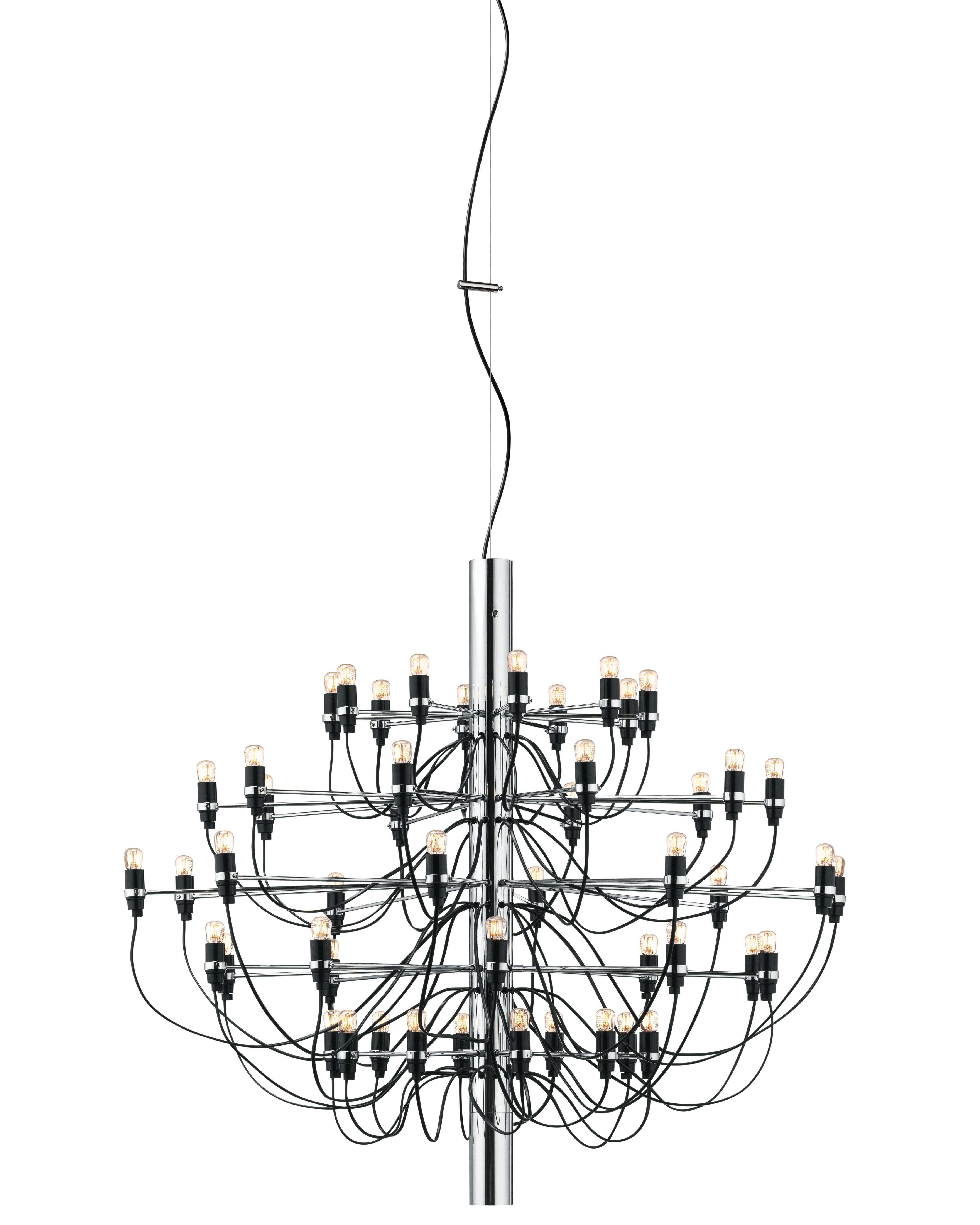 Flos 2097 Kronleuchter mit 50 Leuchten: Moderner Deckenleuchter aus Stahl und schwarzen Kabeln.