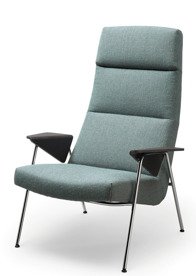 Walter Knoll Sessel 367 / 368 Votteler Chair mit blau-grünem Stoffbezug und verchromtem Gestell.