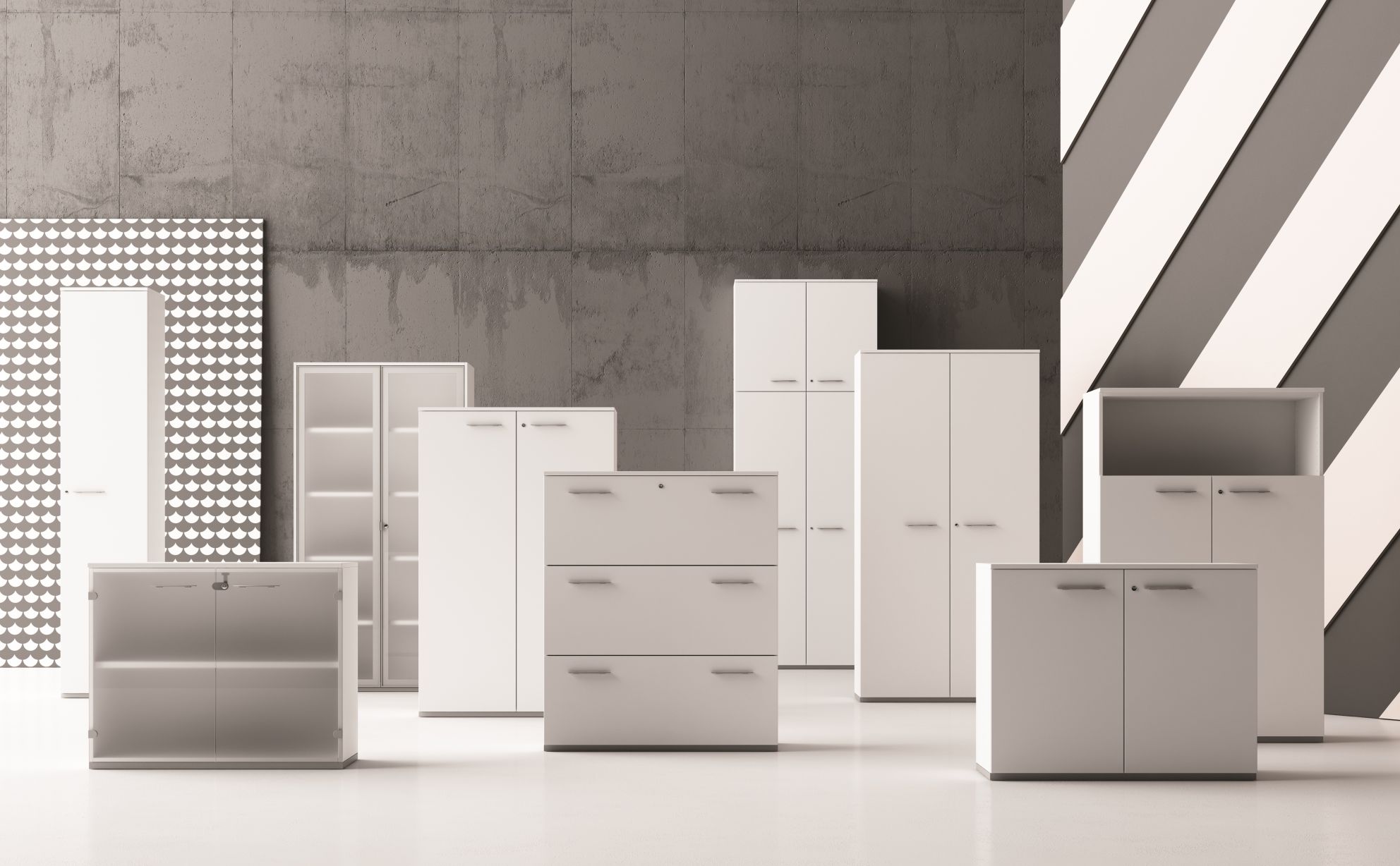 Weißes Sideboard mit Drehtüren, Teil der Frezza Passepartout Serie, modernes Büromöbel für Stauraum.