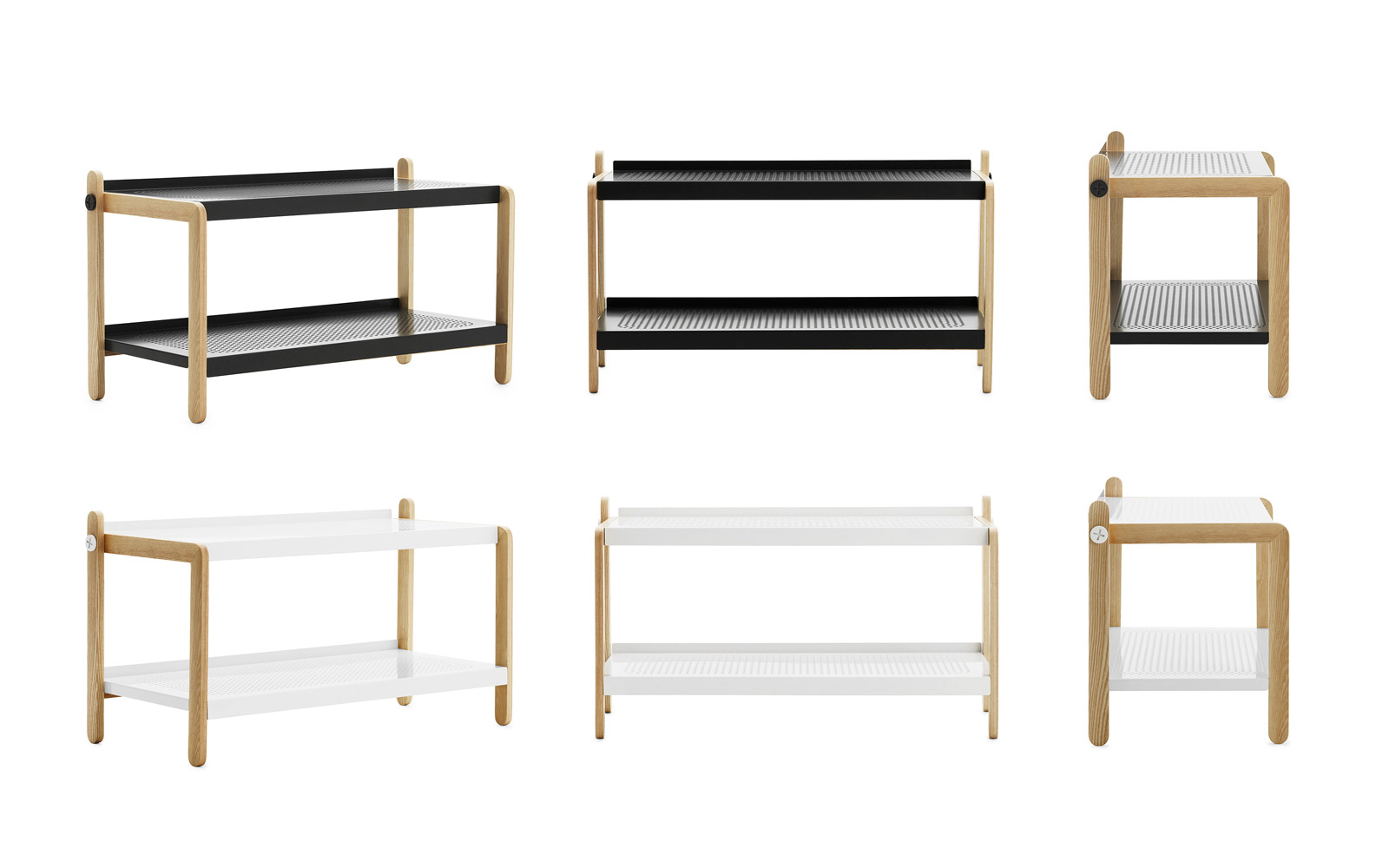 Sko Schuhregal von Normann Copenhagen in Schwarz und Weiß mit zwei Ablageflächen und Holzgestell.